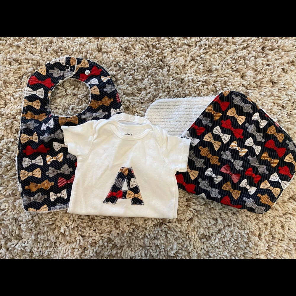 Custom Letter A bowtie bib and burp cloth
